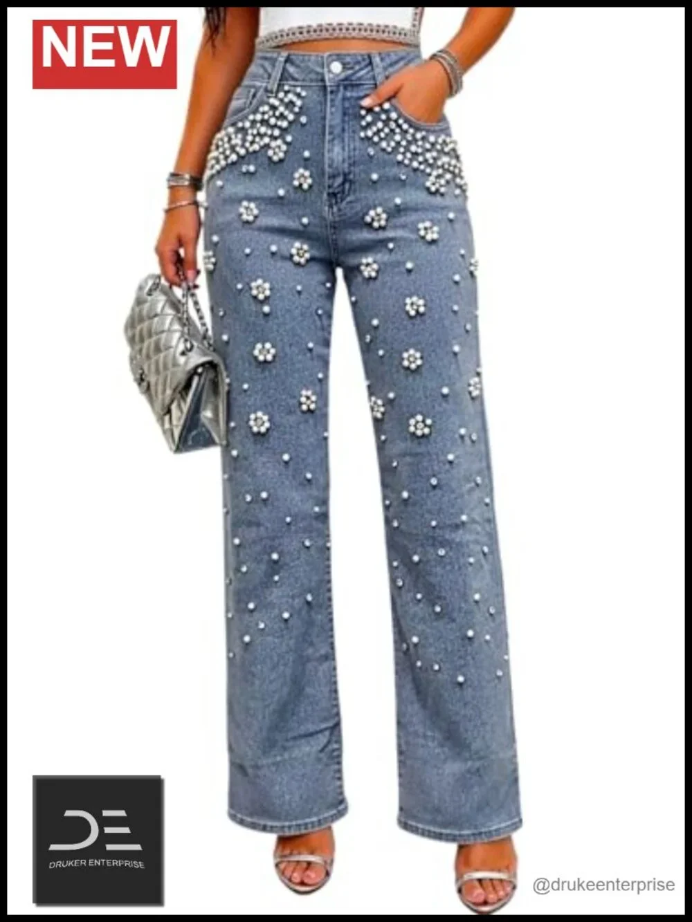 High Rise Wide Leg Pearl Rhinestone Floral Jeans Stretch Denim Women